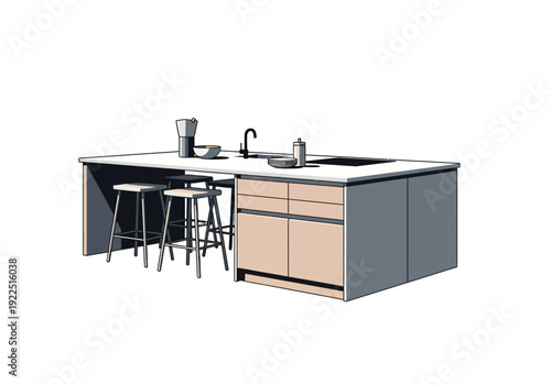 Pixelated kitchen island with stools sink and cooktop on white