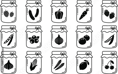 A collection of various preserved fruits and vegetables in simple glass jars for canning