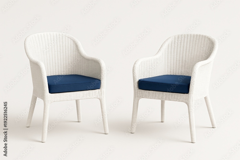 Fototapeta premium Two modern white woven patio chairs with navy blue cushions, isolated on a clean white background.