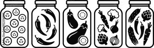 Assortment of fresh and preserved garden vegetables in clear glass jars alongside recycle symbols