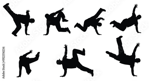 Dynamic human figures in various acrobatic poses a striking silhouette