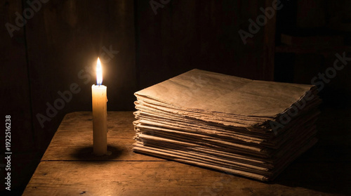 A lone, flickering candle casts a warm, ethereal glow on a stack of aged, rustic paper manuscripts, evoking a sense of history and quiet contemplation.