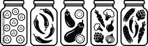 Five black and white line art jars with different contents including peppers eggplants and other fresh produce