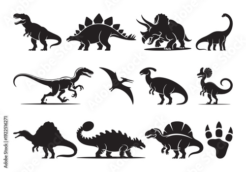 Dinosaur Silhouettes Set | T Rex Triceratops Brachiosaurus Icons | Black Prehistoric Animal Clipart