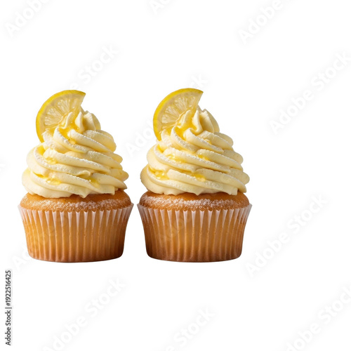 Two lemon cupcakes with frosting and lemon slice