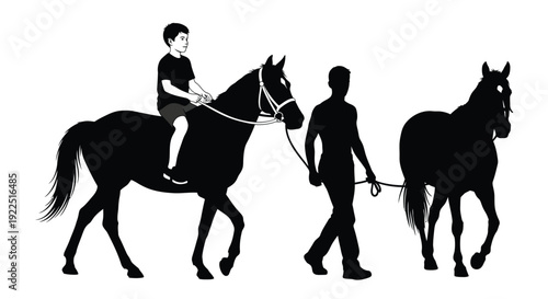 Boy riding a horse with a handler depicted in black silhouette
