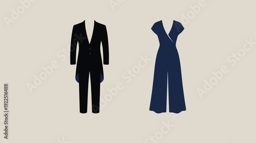 Elegant formal wear for special occasions featuring a tailcoat suit and chic jumpsuit