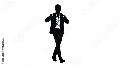 A sharply dressed man taking a stride striking black silhouette