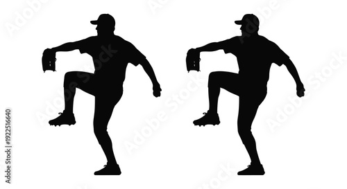 Two baseball pitchers in mid throw a striking black silhouette