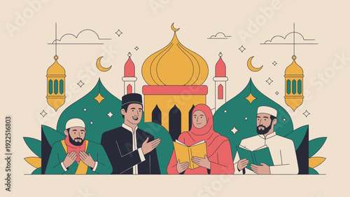 Four diverse Muslim individuals, including men and a woman reading holy books, are depicted in front of an ornate mosque with hanging lanterns.