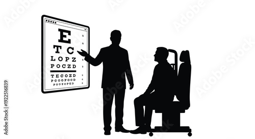 An optometrist examines a patient using a standard eye chart silhouette