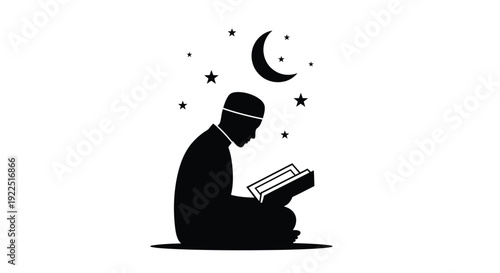 Man reading a book under the moon and stars black silhouette