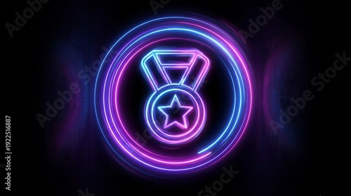 Neon medal icon with glowing star for achievement and victory, encircled by vivid blue and pink concentric light rings on a dark textured background, modern award symbol