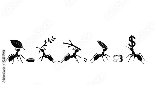 Ant evolution depicting resource gathering culminating in a dollar sign silhouette
