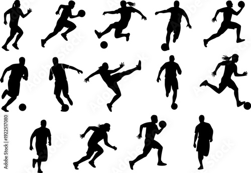 Silhouettes of soccer players in various dynamic poses on a plain background from multiple viewpoints