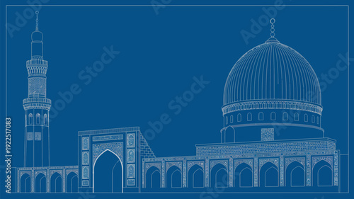 A detailed blueprint-style architectural drawing illustrates a magnificent mosque featuring a grand dome, towering minaret, and intricate arched structures on a blue background.
