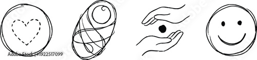 Hand drawn sketch icons depicting love birth care and happiness representing life journey concepts
