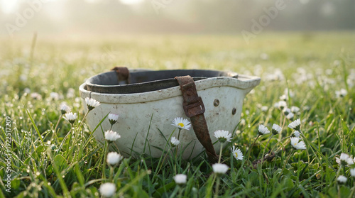 An old, worn white hard hat with a distinctive brown leather strap is placed among small white wildflowers in a vibrant green field.