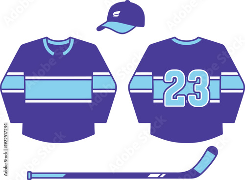 A complete hockey player uniform set featuring a jersey hat and stick in blue and light blue colors