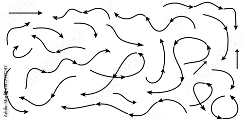 Professional collection of minimalist black hand-drawn arrows featuring organic curvy paths and flexible directional pointers on a clean white background for creative design projects.
