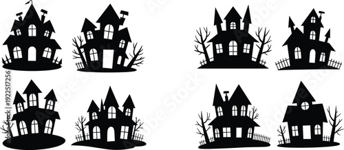 Haunted house vector set, spooky Halloween silhouettes, creepy building illustrations, ghost mansion clipart, eerie tree design, scary horror art.