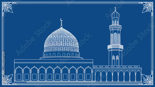 A traditional mosque blueprint with a grand dome and tall minaret, outlined in white against a deep blue background.