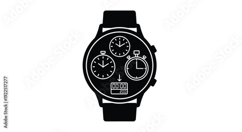 Detailed illustration of a complex watch face in black silhouette