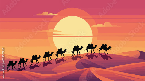 Camels walk up sandy dunes in silhouette against a large, glowing sunset with a warm, gradient sky.
