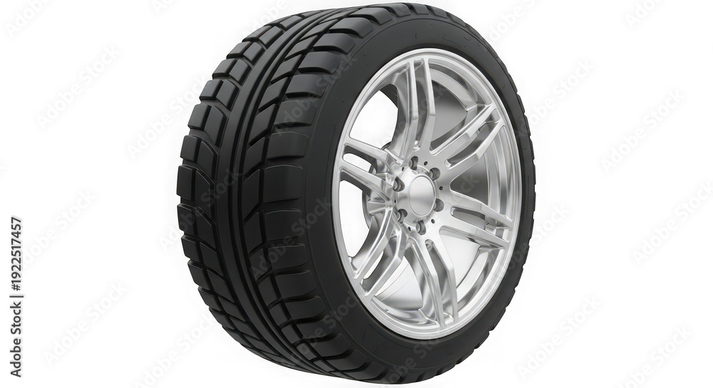 Obraz premium Black car tire with silver alloy wheel on white background