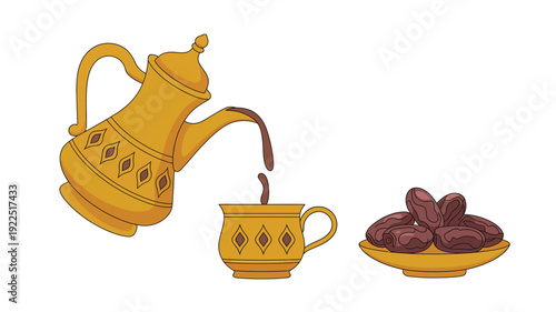 A traditional golden Arabic coffee pot pouring hot beverage into a matching cup, with a plate of delicious dates.