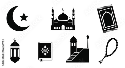 Islamic symbols including a crescent moon and mosque black silhouette