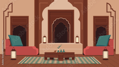 A richly decorated Middle Eastern interior room with plush red and teal seating, intricate archways, and traditional hanging lanterns.