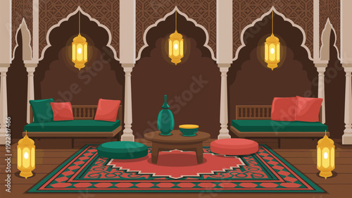 An opulent Arabian majlis interior with multiple seating areas, decorative archways, glowing lanterns, and a central table.