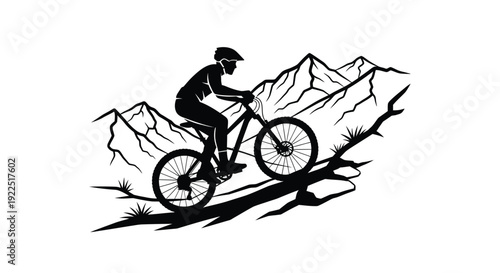 Mountain biker rides along a rugged trail a striking silhouette