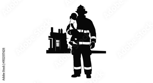 A firefighter holding a baby in front of a house silhouette