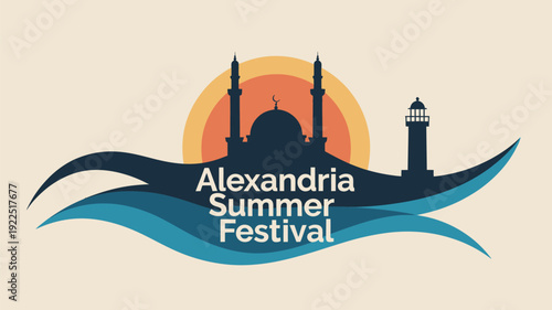 The "Alexandria Summer Festival" logo on a blue wave design, featuring silhouettes of a mosque and a lighthouse at sunset.
