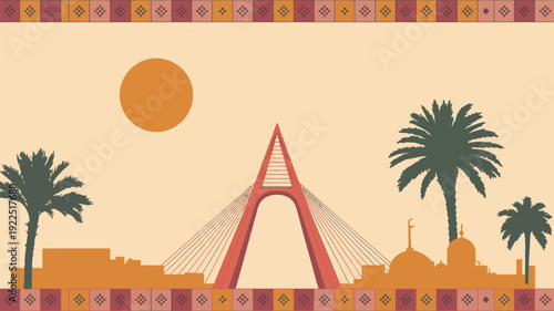 A scenic city skyline featuring a modern arch bridge, traditional architecture, palm trees, and a setting sun.