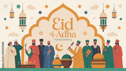 A group of men in traditional attire celebrate Eid al-Adha under a decorative arch with hanging lanterns and stars.