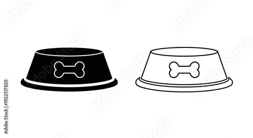 Two dog bowls with bone design, black and white, simple line art, minimalist style Vector