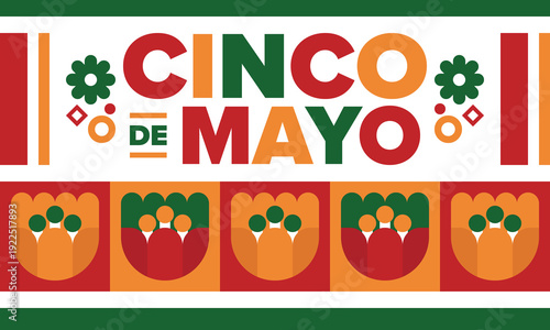 Cinco de Mayo in Mexico. Traditional mexican fiesta in May. National happy holiday with carnival, festival and parade. Latin american and spanish pattern. Illustration with sombrero. Vector poster