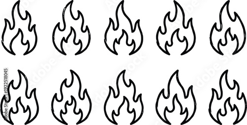 Collection of simple outline fire flame icons representing heat energy and warning signs