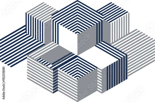 Abstract geometric pattern of interconnected striped cubes creating a complex three dimensional structure