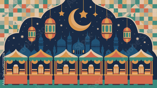 A vibrant Ramadan night market scene features bustling stalls, traditional lanterns, and a prominent crescent moon under a starry sky.