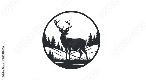 Black silhouette of a deer with large antlers in a circular frame.