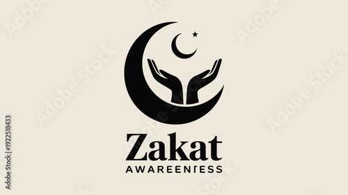 A striking logo for "Zakat Awareness" features cupped hands under a crescent moon and star, symbolizing giving and faith.
