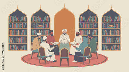 A diverse group of Muslim men and women are engaged in thoughtful study within a richly stocked library setting.