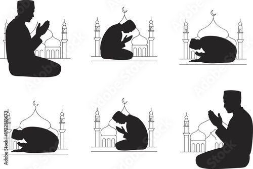 Muslim man praying silhouette, Islamic worship illustration, mosque background, salah poses, Ramadan spirituality, peaceful Islam prayer concept vector