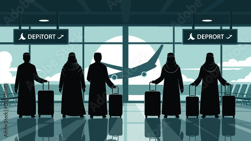 Silhouettes of Muslim men and women with luggage stand waiting in a modern airport terminal with a large airplane outside the window.