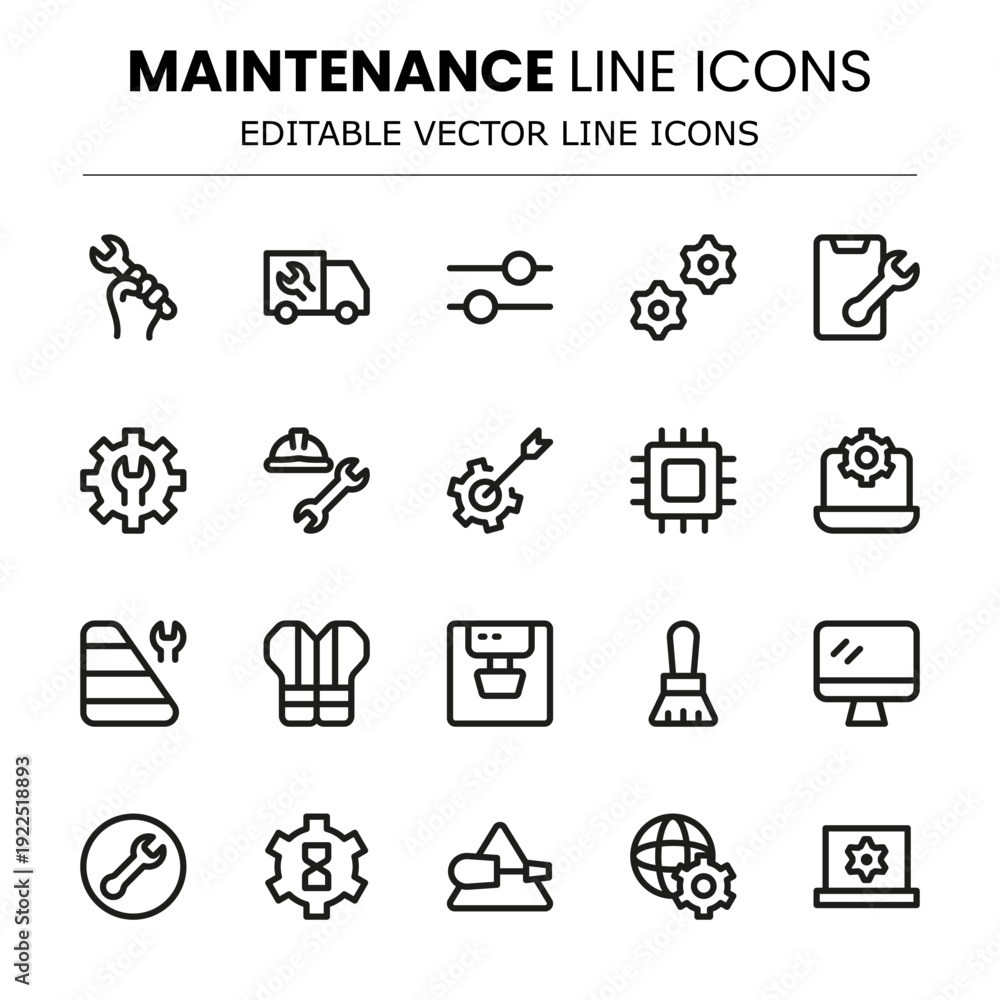 Fototapeta premium Maintenance Modern Line Icon Collection. Perfect for equipment management, tool usage, and technical service tasks.