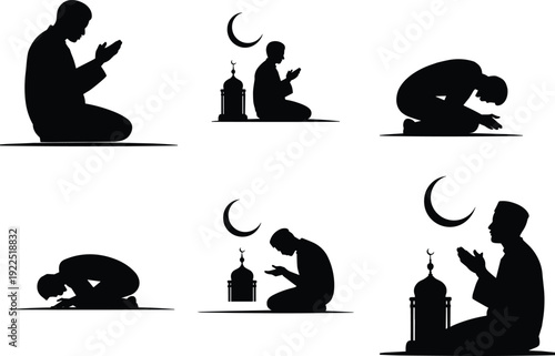 Muslim man praying silhouette, Ramadan worship scene, Islamic salah posture, crescent moon background, peaceful spiritual Islam prayer vector art